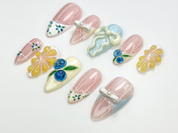 Lace French Tip Press On Nails | Blueberry Floral Nails | Kawaii Vintage Ribbon Nail Art | 3D Bow Pink Press Ons | Pastel Nails | JC886HC