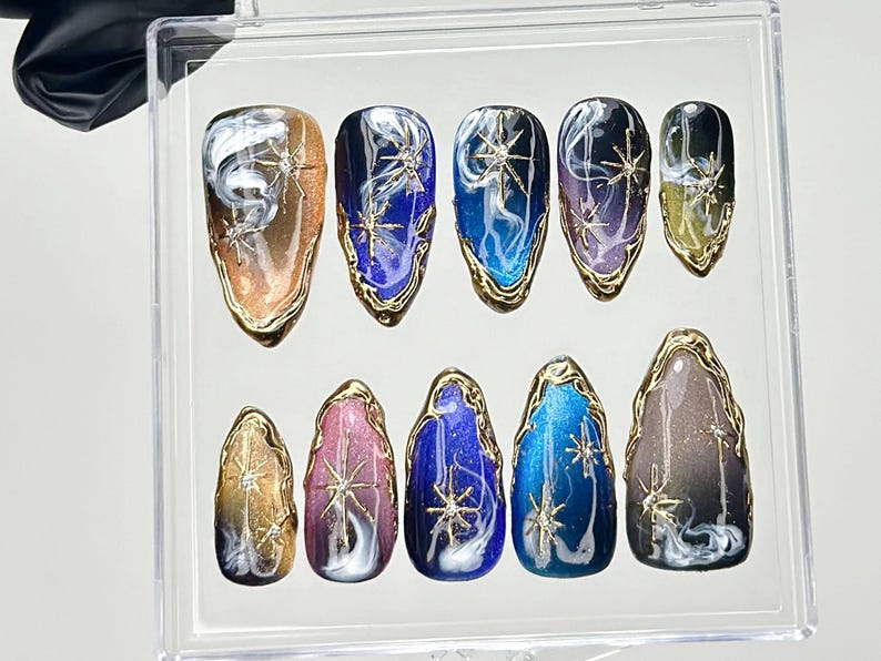 Galaxy Star Press On Nails | Cosmic Nail Set with Gold Stars Fake Nails | Starry Night Nail Art | Galaxy Blue Nails | Luxury Nails | HB916YC