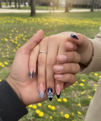 Midnight Blossom Spring Press On Nails | Navy Floral Ombr?? Nail Art | Luxury Floral Blue Nails Set | Elegant Blush Ombre Nails | HC1240EC