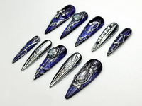 Chrome Purple Press On Nails | Midnight Cross Galaxy Nails | Gothic Celestial Nail Art | 3D Moonstone Nail Design | Mystical Nails | JC862H