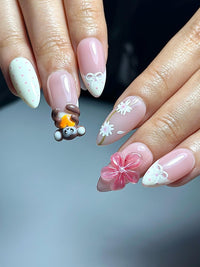 Soft Pink Mokey Press On Nails | Cute Bow & Daisy Nail Art | Kawaii Nails | Elegant Spring Nail Design| Handmade Romantic Press Ons| JC329HC