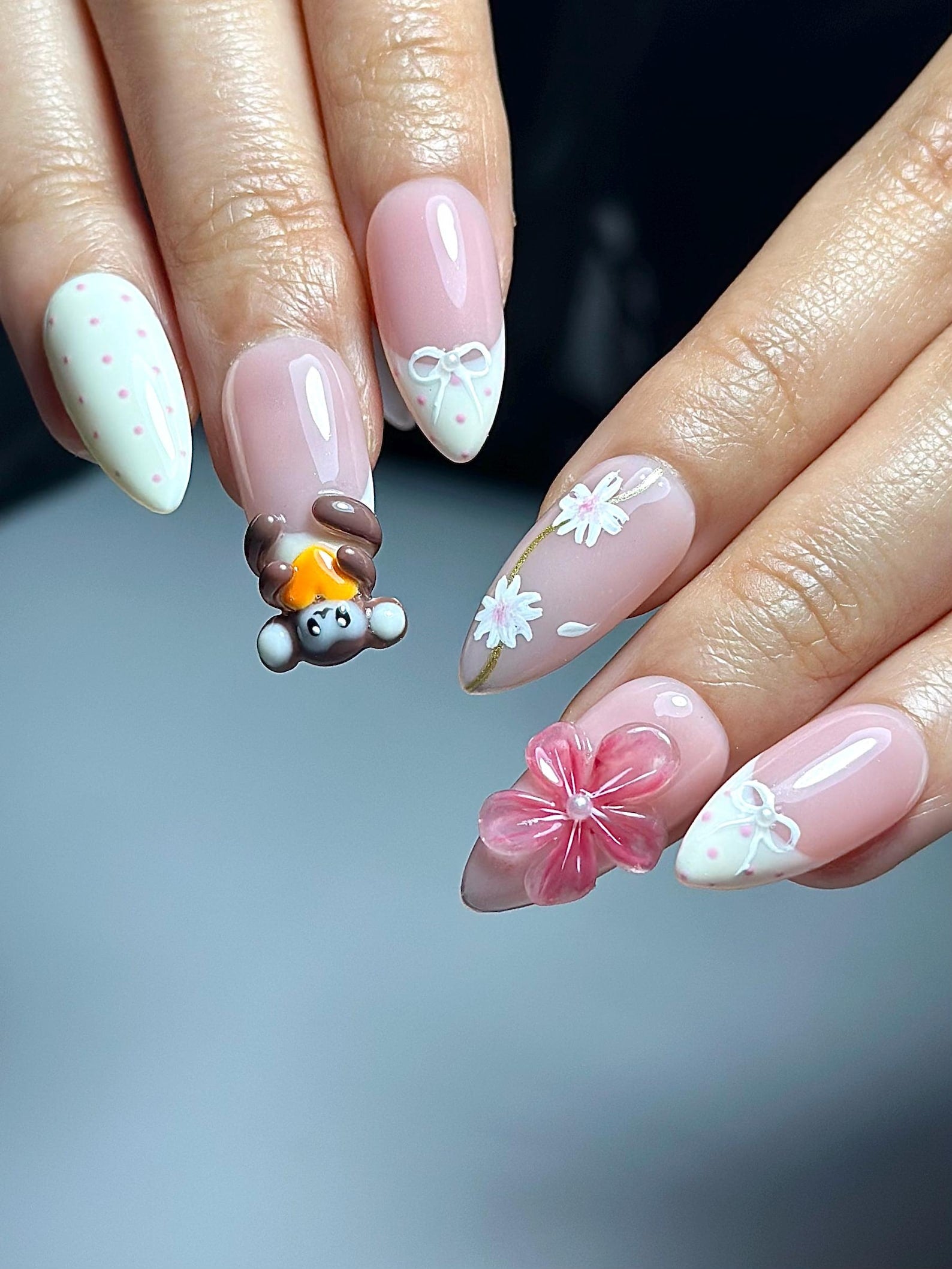 Soft Pink Mokey Press On Nails | Cute Bow & Daisy Nail Art | Kawaii Nails | Elegant Spring Nail Design| Handmade Romantic Press Ons| JC329HC