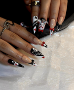 Harlequin Joker Halloween Press On Nails | Black White Red Gothic Nail Art | 3D Clown Accent Stiletto Nails | Playing Card Inspired |JB194EC