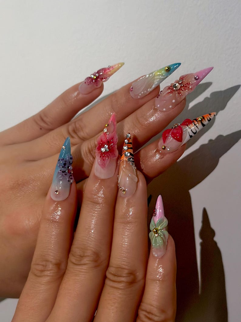 Spring Blossom Fantasy Press On Nails | Colorful Floral Spring Nails | Pastel Garden Stiletto Nails | Fresh Spring Bloom Art Nails |DB1011EC