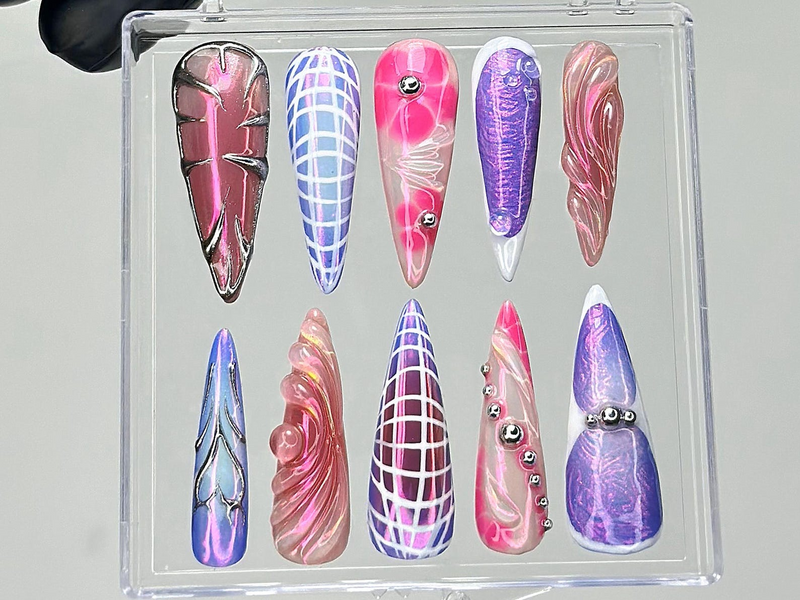 Galaxy Chrome Press On Nails | Holographic Purple Fake Nails | Metallic Stiletto Nail Art | Iridescent Galaxy Nails | Gothic Nails | HB915YK