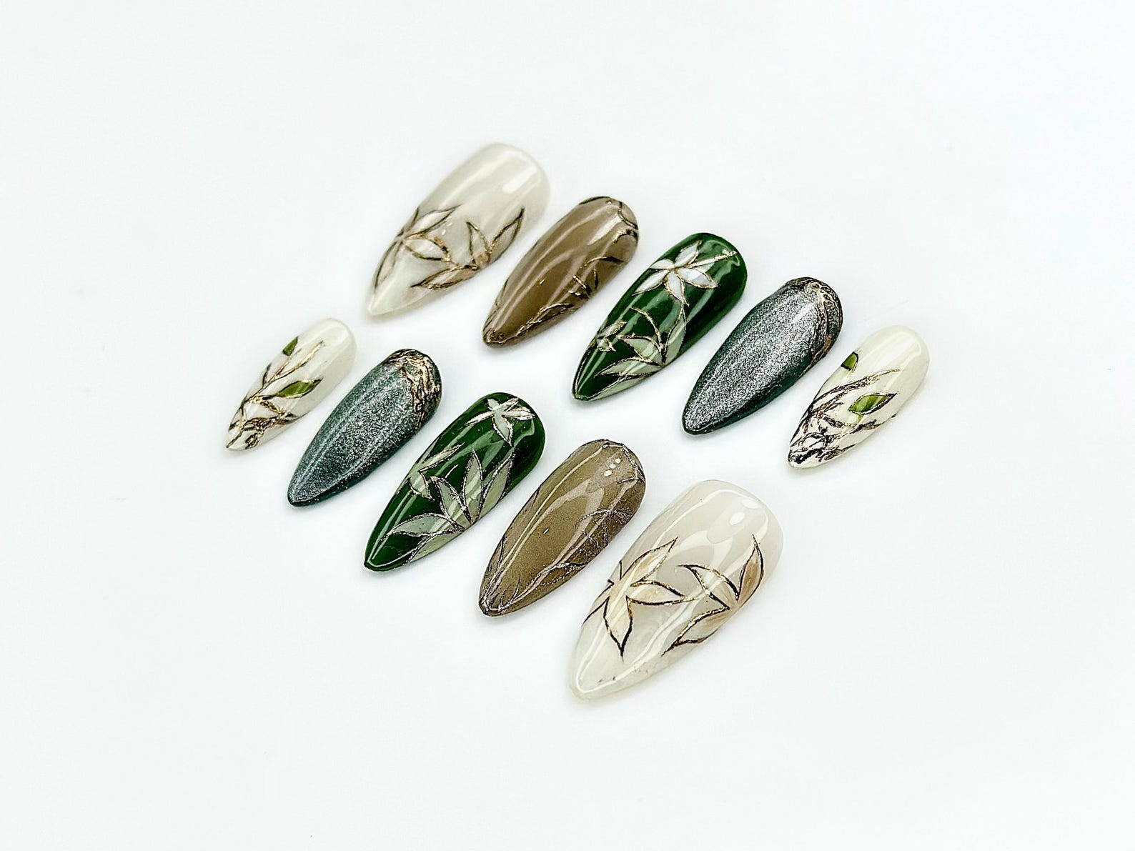 Jade Garden Serenity Press On Nails | Chinese Ink Painting Style | Lotus Bloom & Jade Charm Nails | Elegant Floral Nail Art | JC105EK