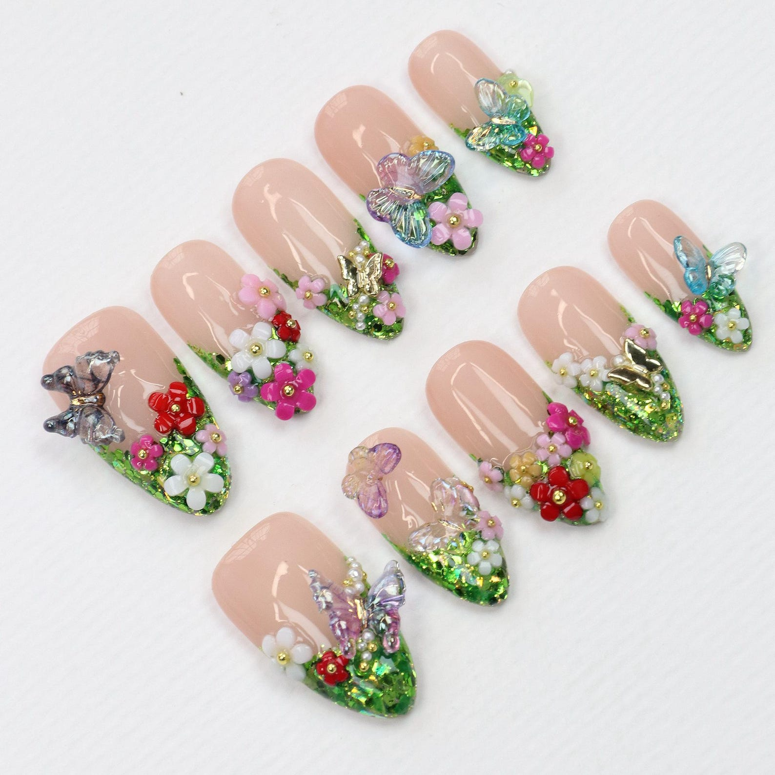 Green Glitter Press On Nails | Handcrafted Freestyle Forest-Inspired Secret Garden Nails | Custom 3D Butterfly Floral Fake Nails Art | Y2K Gifts