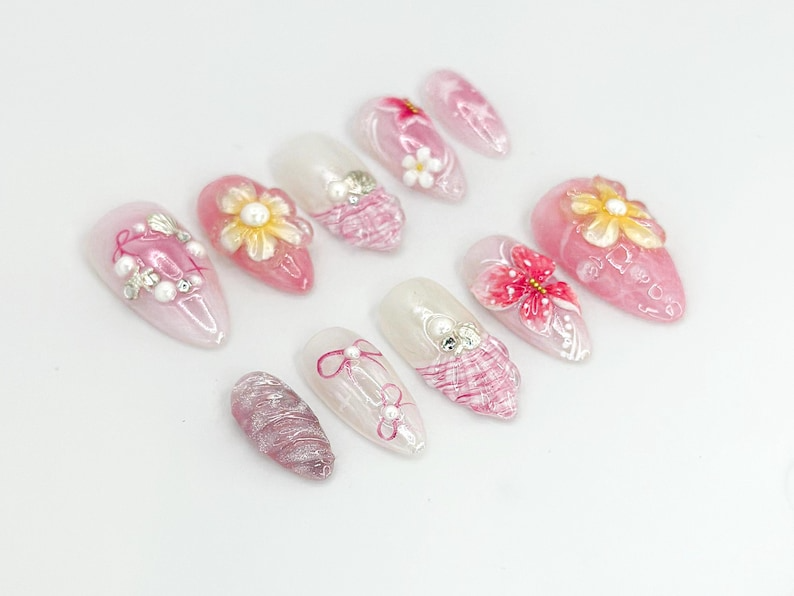 Blush Pink Custom Press On Nails | Handcrafted Floral & Pearl Nail Art | Romantic French Tip Design | Pastel Dream Nail Set | JC662HK