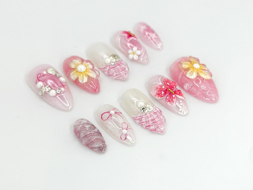 Blush Pink Custom Press On Nails | Handcrafted Floral & Pearl Nail Art | Romantic French Tip Design | Pastel Dream Nail Set | JC662HK