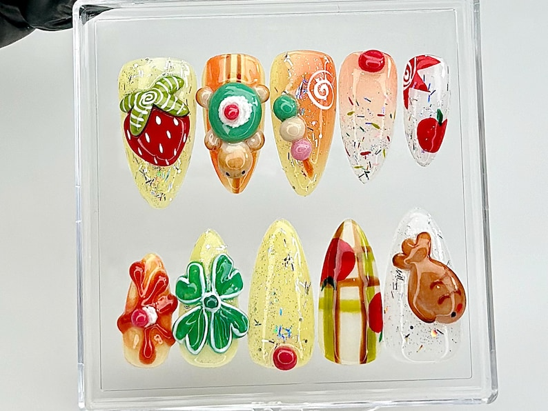 Cute Food Theme Press On Nails by DoryNails | 3D Fruit, Candy Press Ons | Food Theme Fake Nails | Unique Food Nails |Festival Nails |HB855YC