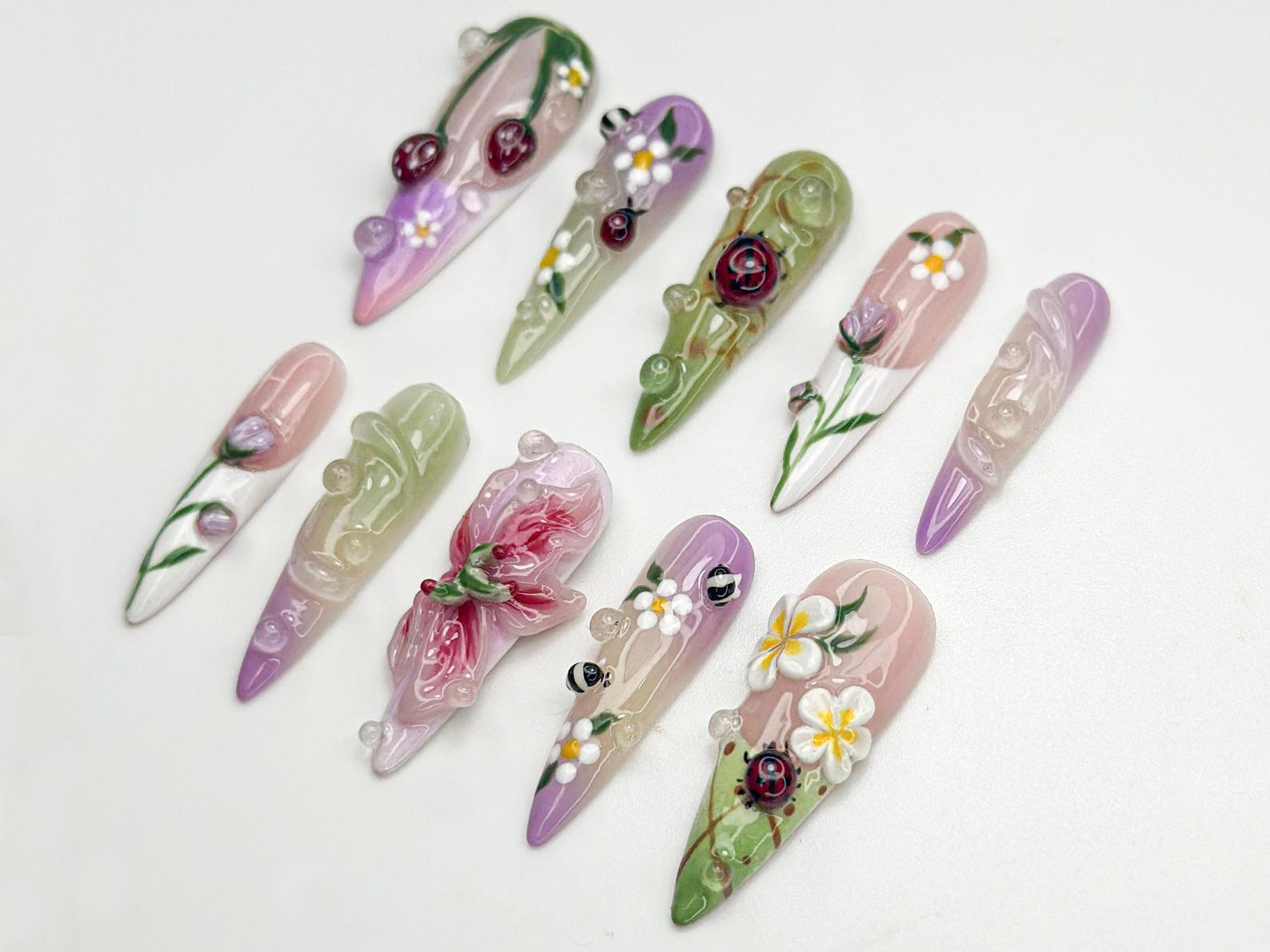 Pastel 3D Ladybug Press On Nails | 3D Floral Garden Nail Art | Cute Spring Nature Nails | Whimsical Bug Nail | Garden Bloom Design | JB800HC