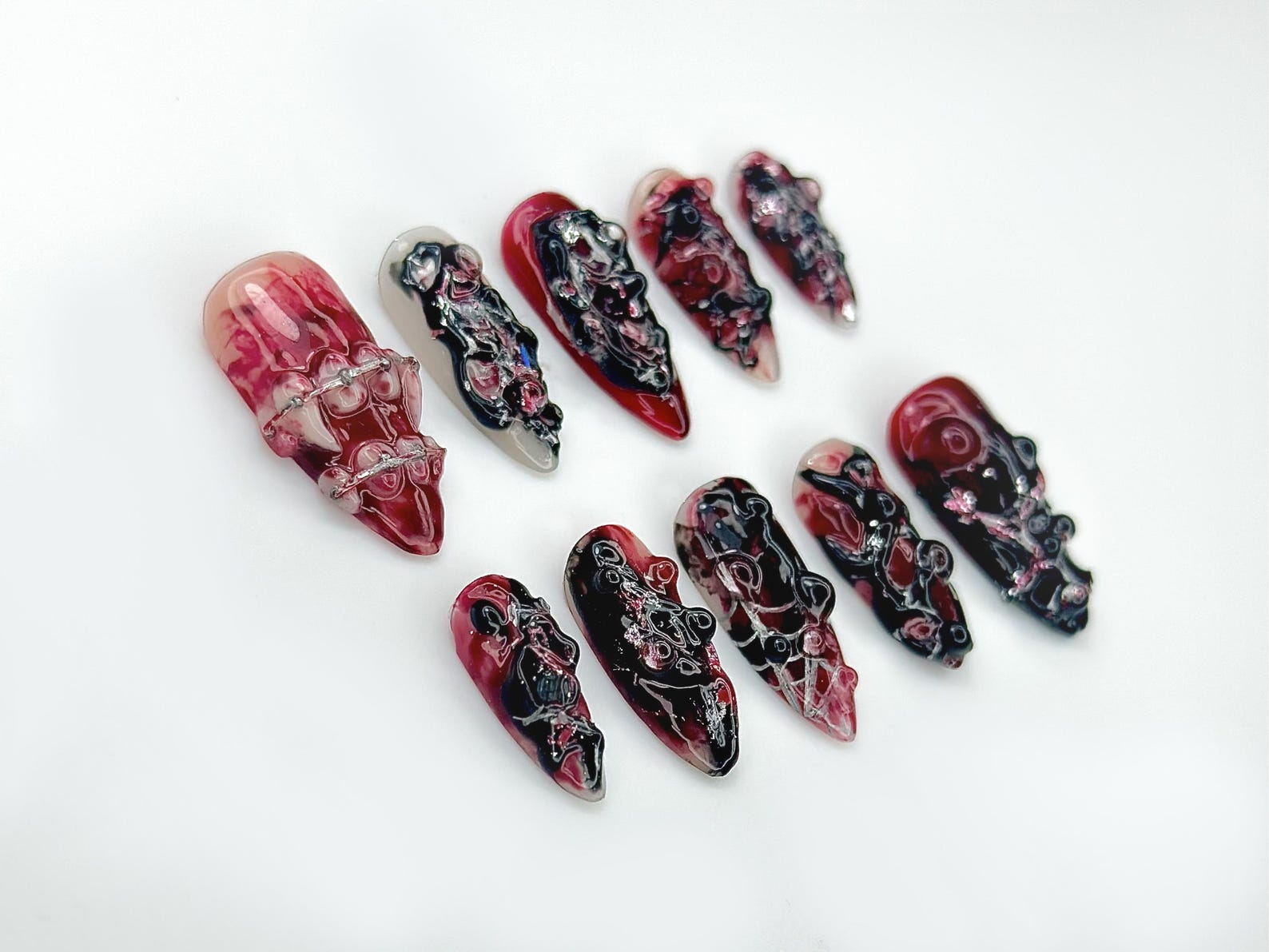 Gothic Blood Veil Press On Nails | 3D Dark Red & Black Texture Nail Art |Horror-Inspired Abstract Nails | Handmade Grunge Press Ons |JB988EC