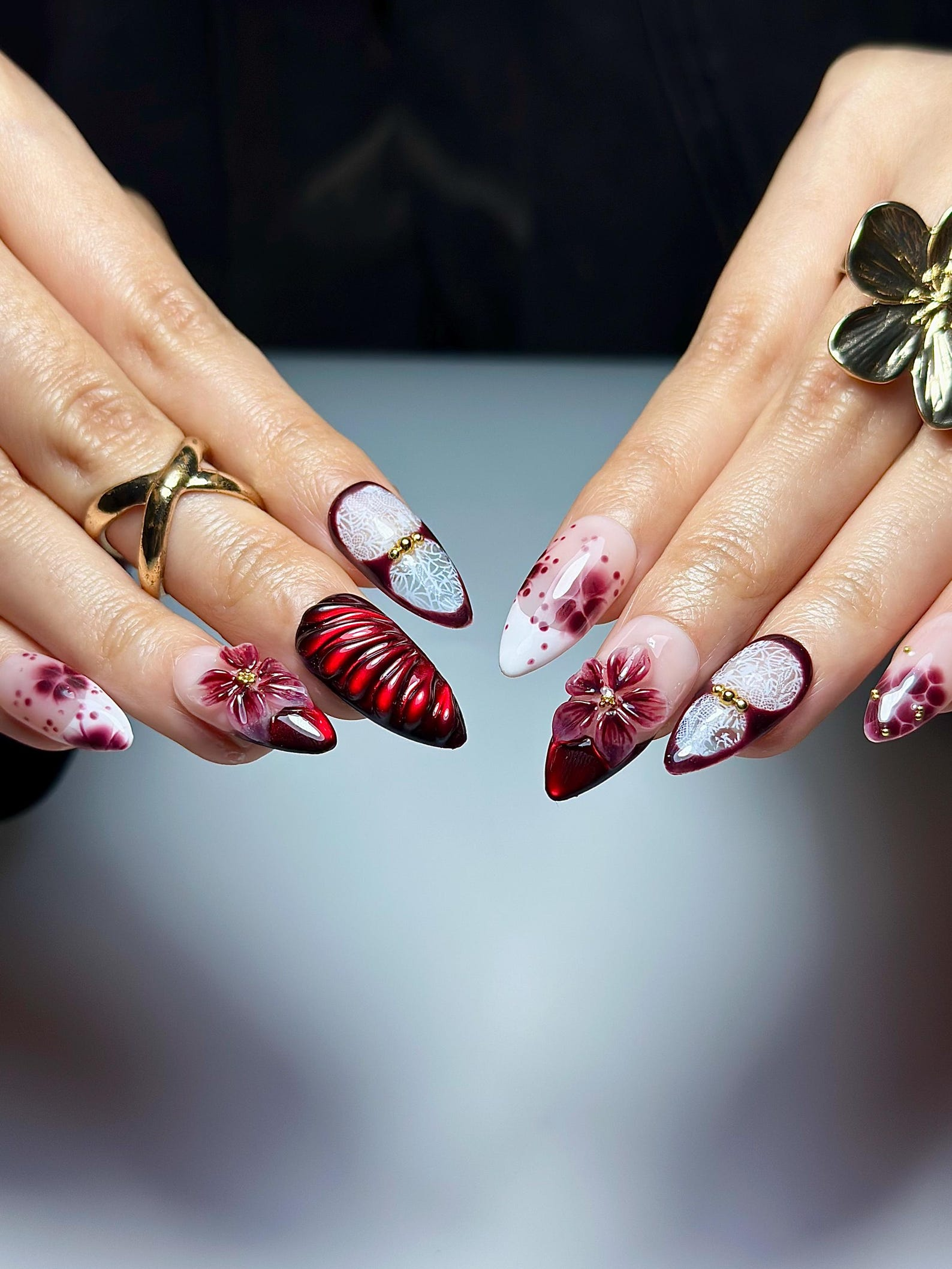 Burgundy Red Floral Press On Nails | 3D Wine Flower Nails | Dark Romantic Nail Art | Elegant Gradient Nails | Luxury Press Ons | JB324HK