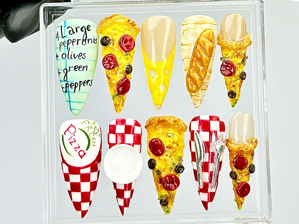 Pepperoni Pizza Nails By Dorynail | 3D Food Fake Nails | 3D Novelty Nail Art | Gift for Pizza Lovers Acrylic Nails | 3D Pizza Nails |HB818Y