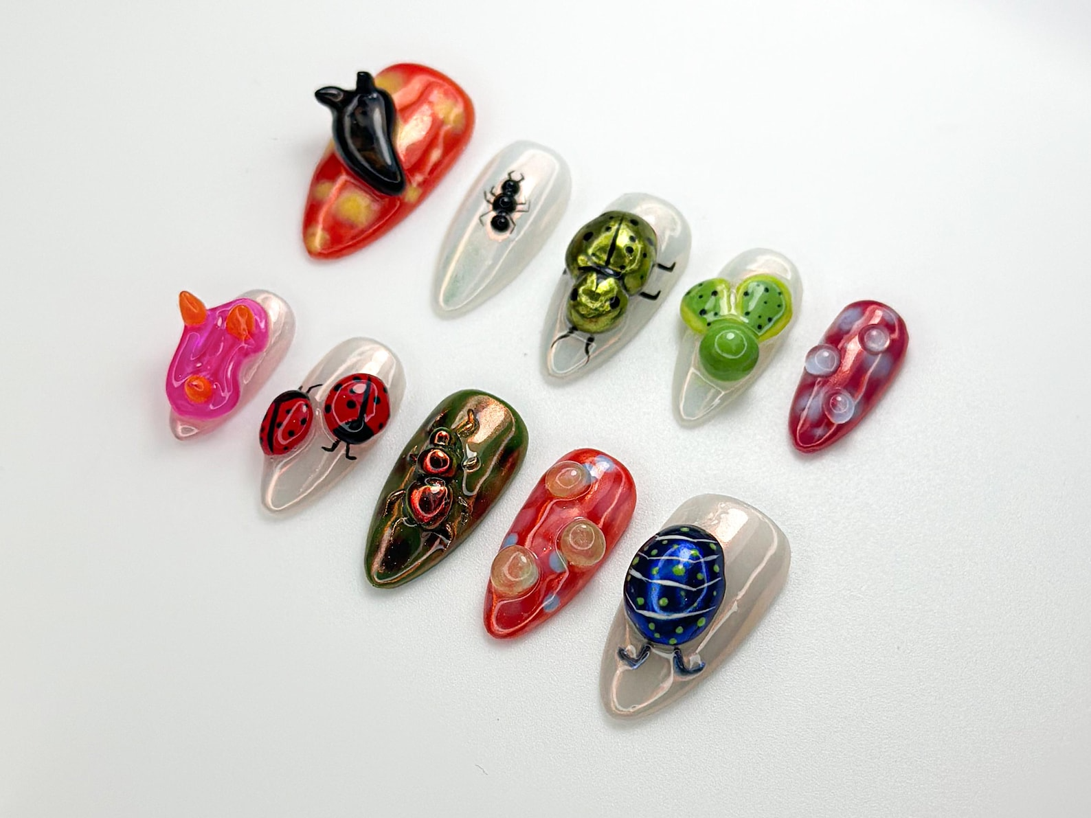 Creepy Cute Insect Press On Nails | 3D Bug Nail Art | Halloween Spider Ladybug Beetle Nails | Funky Mixed Bug Design| Bold Nail Set |JB970HK