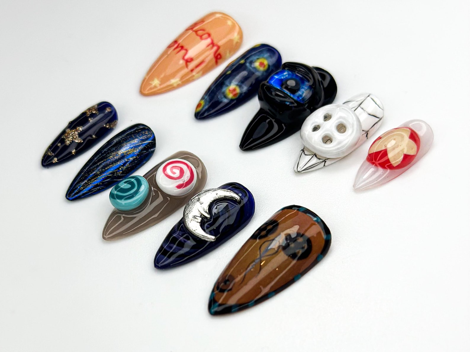 Coraline Other World Press On Nails | Button Eyes Nail Art | Spooky Fantasy Nails | Handmade 3D Nail Set | Halloween Horror Nails | JB868H
