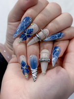 Blue Marble Blossom Press On Nails for Spring Blue | Handmade Nude & Sapphire Nails with Floral Art | Elegant Stiletto Nail Design |JB2890EC