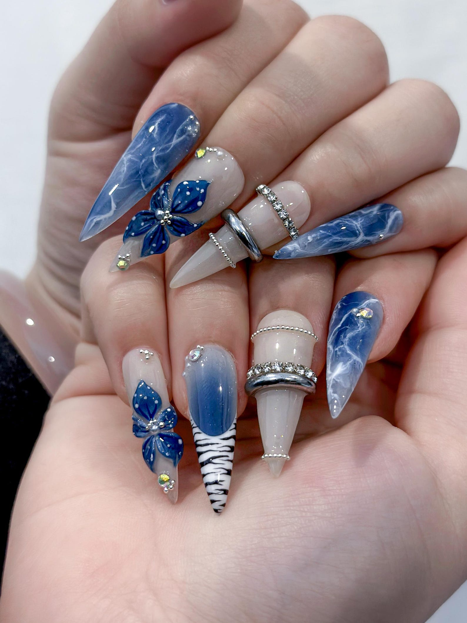 Blue Marble Blossom Press On Nails for Spring Blue | Handmade Nude & Sapphire Nails with Floral Art | Elegant Stiletto Nail Design |JB2890EC