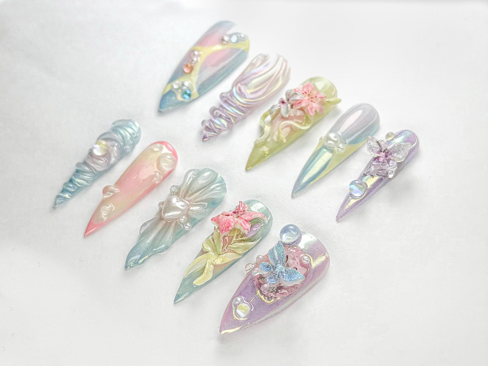 Fairycore Pastel Press-On Nails | Pastel Nature-Inspired Nail | Dreamy Iridescent Design | Butterfly 3D Nail Art | Nature-Inspired | JB730HK