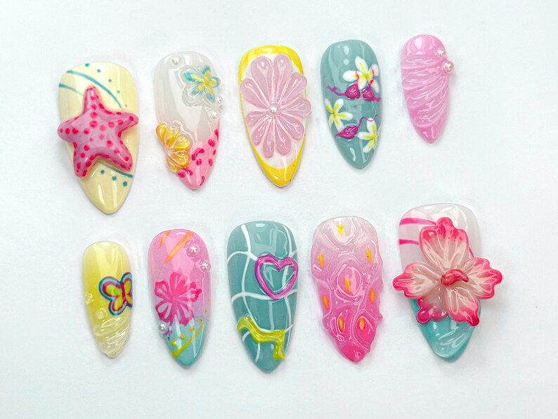 Tropical Summer Press-On Nails | Bright Pink & Yellow Nail Art | Summer Inspired Nail Design | Cute Beach Nail Set | Tropical Vibes |JB738HC