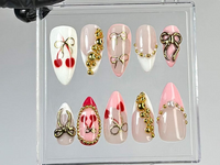 Romantic Cherry Press On Nails | Handmade Cherry, Gold Bead Press Ons | Pink & Gold Bow Fake Nails | French Tip Nail Art | HC782YK