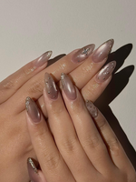 Luxury Cat Eye Press On Nails, Luxury Gold Foil Trim Fake Nails, Elegant Nude Shimmer Nails for Wedding and Formal Events, HC1293HC