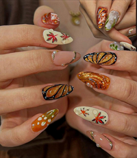 Autumn Maple Leaf Press On Nails | Fall Gold Glitter Nail Art | Orange & Cream Cozy Nails | Elegant Pearl Accent Nails |JB208EC