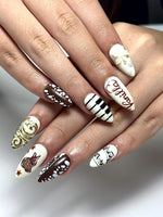 Brown Deer Press On Nails | Piano Note Nail Art | Elegant White Brown Nails | 3D Flower Gold Detail Nails | Handmade Press Ons | HB1307IC