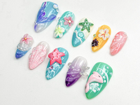 Tropical Starfish Press On Nails | Summer Ocean Beach Nail Set | 3D Starfish & Hibiscus Nail Art | Vibrant Mermaidcore Press Ons | JB794HC