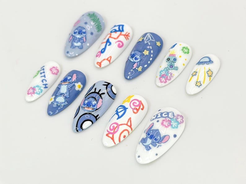 Cute Stitch Cartoon Press-On Nails | Fun Space and Floral Details | Fun and Colorful Stitch Nail Art | For Cartoon Lovers | JC610HC