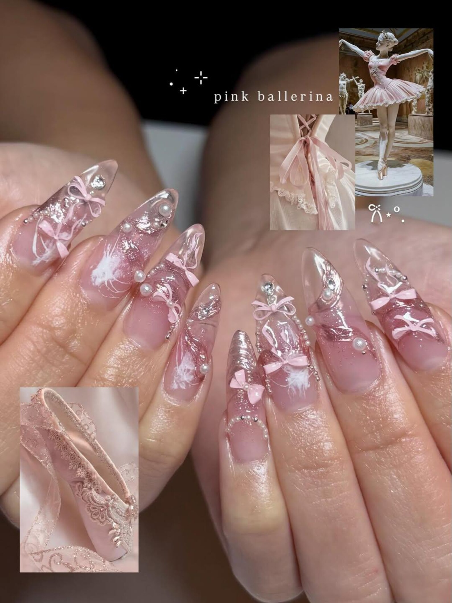 Pink Ballerina Press On Nails for Girls ?M?Soft Blush Ombre Stiletto Nails with Pearls & Ribbons, Handmade Coquette Balletcore Inspired Press On Nail Set, Luxury Princess Nails | JB291HC
