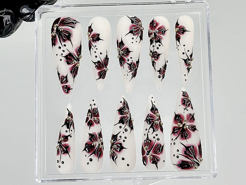 Black Red Flower Press On Nails |Gothic Floral Fantasy Nail Art |Handmade Dark Nails |HB888YC