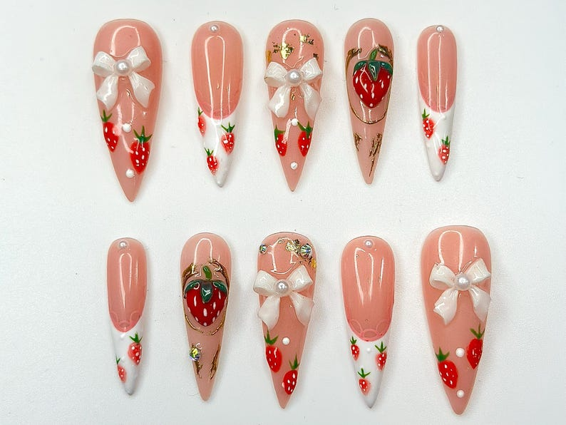 Cute Strawberry Bow Press On Nails | Pink French Tip Nails | Cute 3D Kawaii Nail Art | Handmade Luxury Press Ons | HC995GC