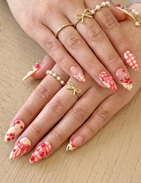 Press On Nails Adhesive Tabs ?M?Cherry Heart & Pink Ribbon Nude Press On Nails, Handmade Valentine Fake Nails Sweet Romantic Nail Art