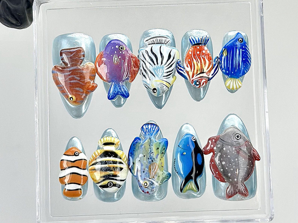 Tropical Aquarium Press On Nails | 3D Fish Aquarium Fake Nails | Ocean Fish Nail Art | Marine Life Press Ons | Kawaii Nails |Unique |HA875YK