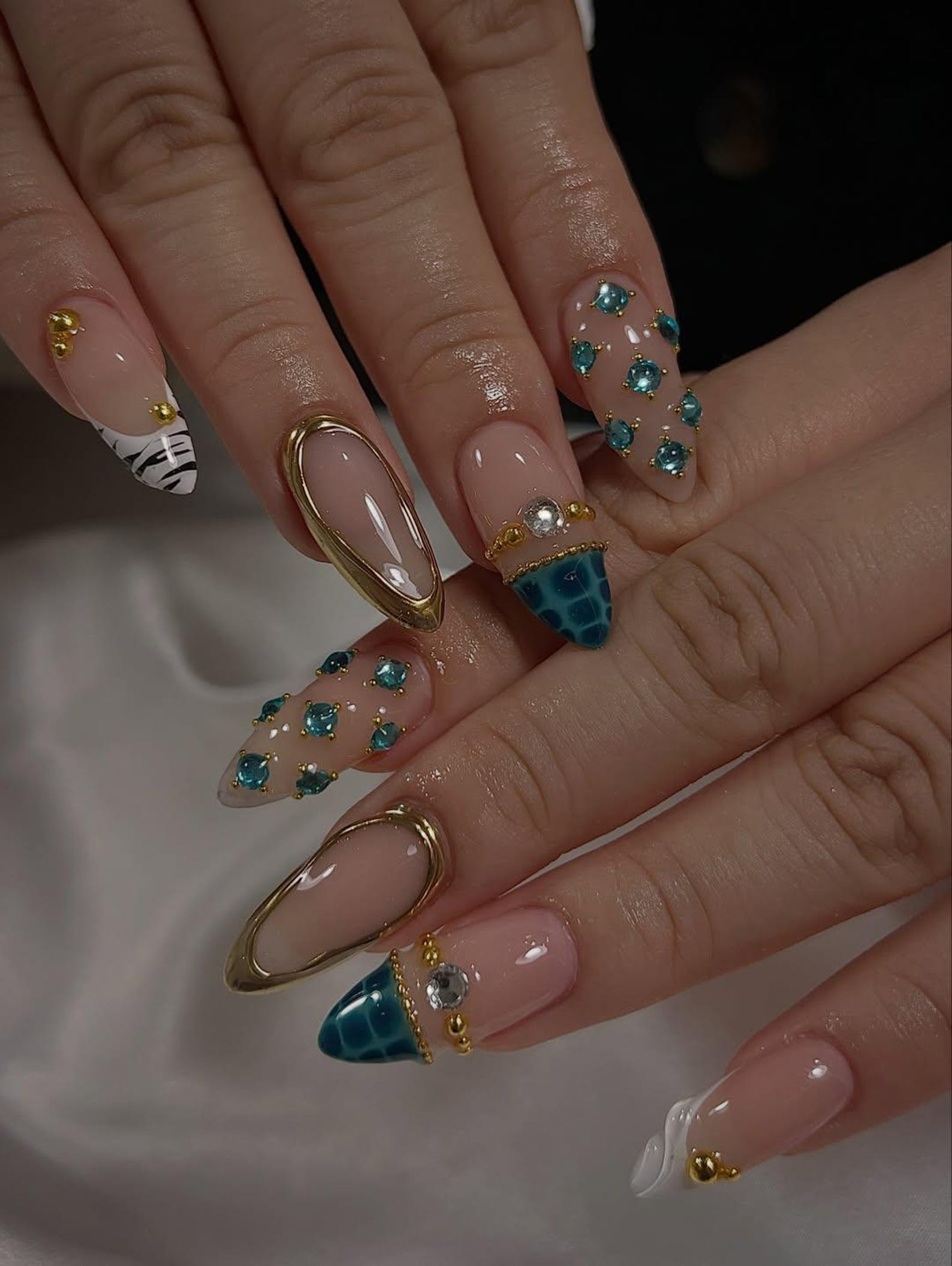 Blue Gem Nude Press On Nails for Luxury Women | Modern Gold Press Ons | Almond Luxury Nails | Chic Designer Inspired Nails | JC293HC