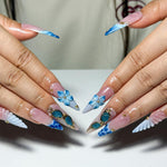 Blue Ocean Press On Nails with 3D Flower and Gold Detail | Marble Coastal Nails in Almond Shape | Summer Vacation Nails for Beach | HC1309NC