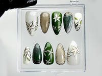 Jade Garden Serenity Press On Nails | Chinese Ink Painting Style | Lotus Bloom & Jade Charm Nails | Elegant Floral Nail Art | HB1018EK