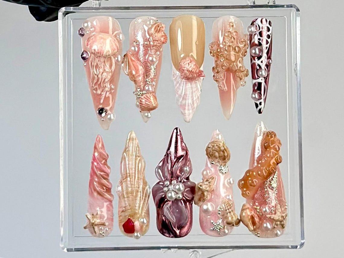Ocean Nail | Press On Nails | Elegant Coastal Press Ons | Beach Vibes Fake Nails | Beach-Inspired Nail Art | Beach Wedding Nails | HB777YK