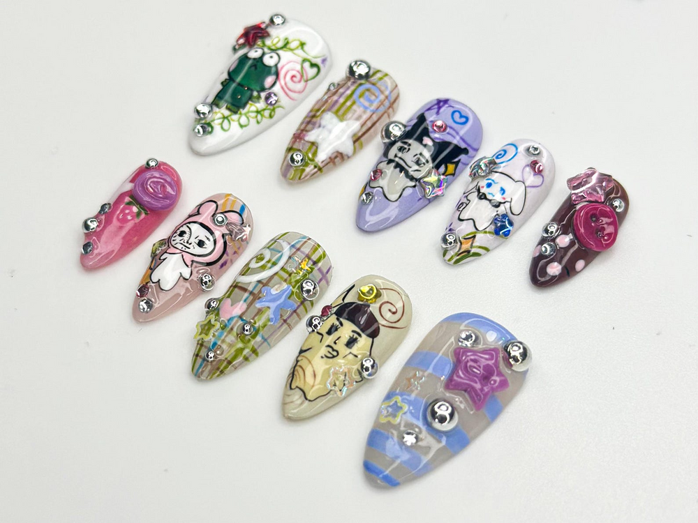Whimsical Cartoon Pop Press On Nails | Playful Character Nails | Colorful 3D Kawaii Nail Design | Playful Mixed Media Nails | JB779HC