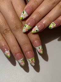 Soft Lily Floral Press On Nails for Spring | Pink Green Flower Nails | Lilies Nail Art | Botanical Press Ons | Romantic Spring Nail| JB294HC
