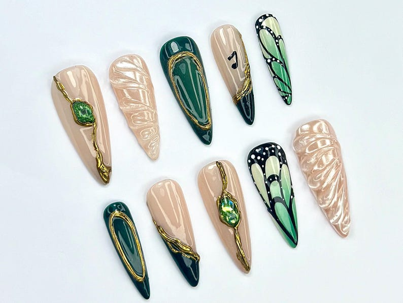 Emerald Butterfly Press On Nails | Nature Inspired Press Ons | Luxurious Green Nail Art | Shimmer Green Nail Set | Luxury Nails | JB758YC