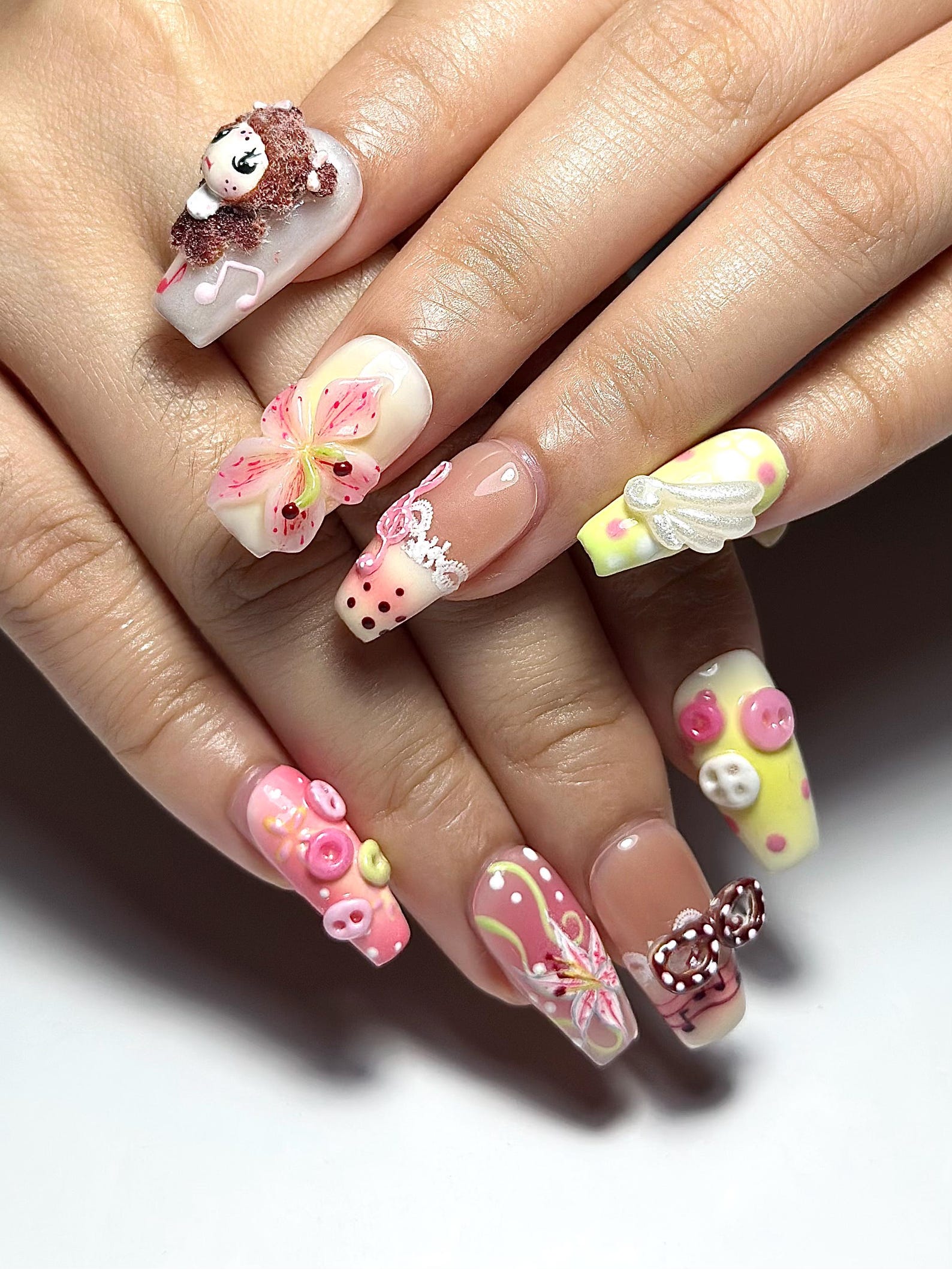 Kawaii Pastel Cartoon Press On Nails | Cute 3D Character & Flower Nails | Pink Yellow Sweet Nail Art | Artistic Press Ons | JB335IK