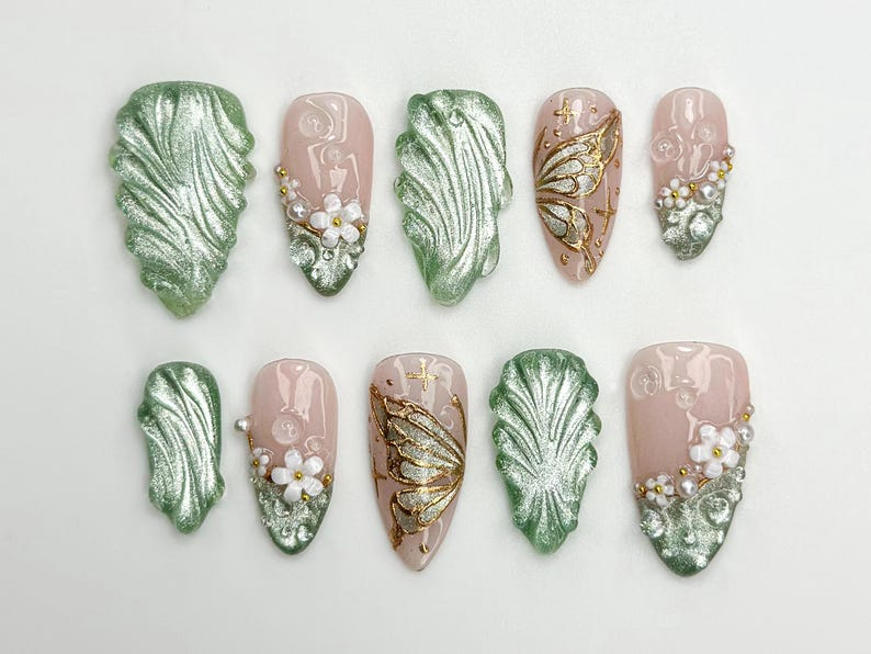 Nature Muse Nail Bundle | 3 Nature-Inspired Press On Nail Sets | Leaf, Butterfly & Floral Art | Reusable Nail Kit|DB103L