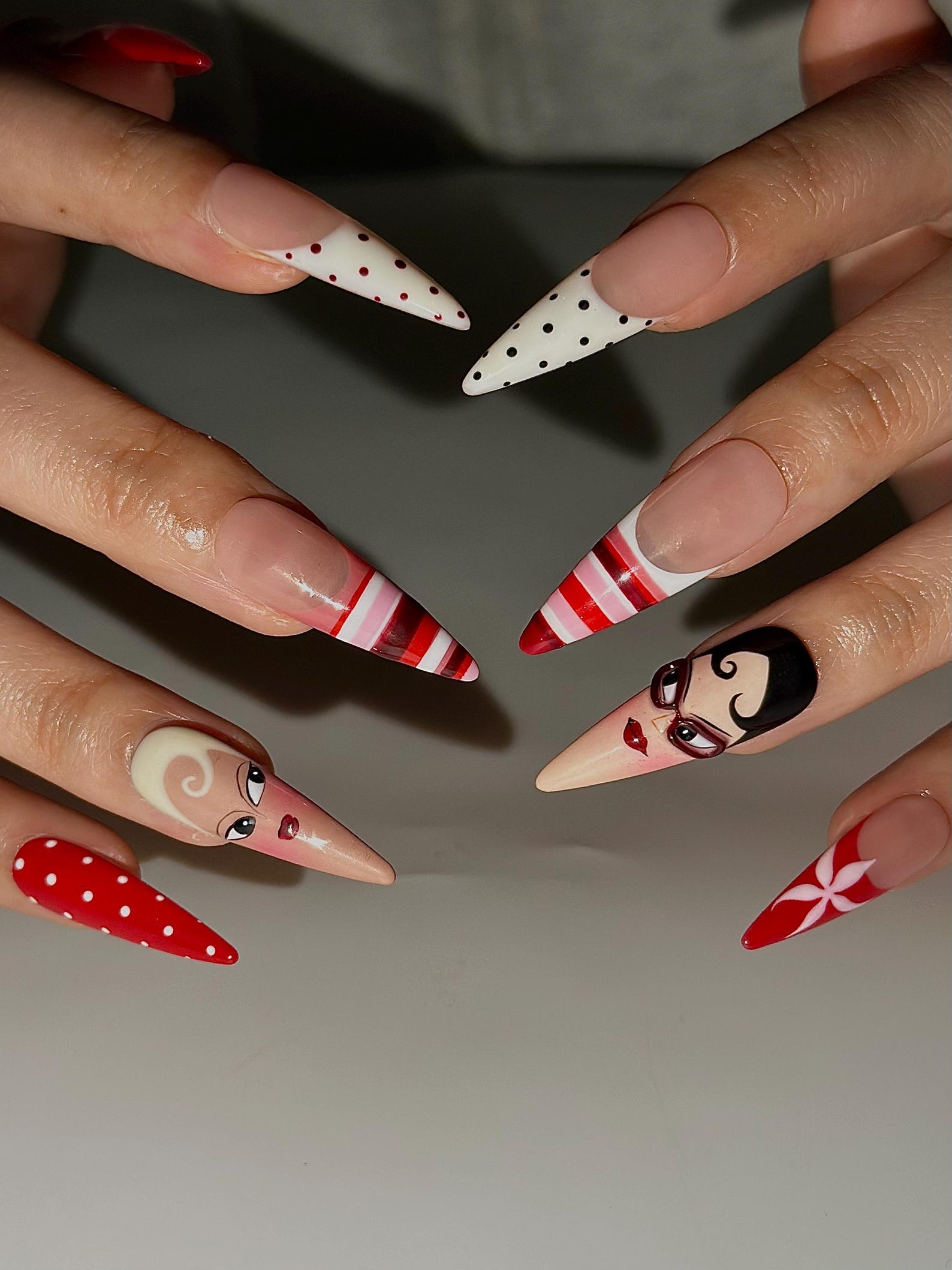 Fashion Doll Aesthetic Press On Nails | Red Vintage Girl Nails | Hand Painted Character Nails | Y2K Pop Art Nail Design | JB327HC