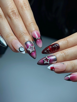 Y2K Chrome Star Press On Nails | Burgundy Gradient Stiletto Nails | Retro Heart Nail Art | Metallic Nails | Handmade Press Ons | HC1302HC