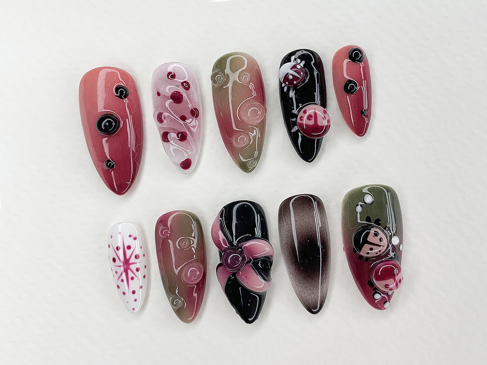 3D Insect Garden Press On Nails | Custom Jelly Flower Handmade LadyBug Press-Ons | Acrylic Gel Nail Art | Hand-painted Fake Nails | JC427AG
