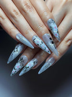 Grey Ombre Floral Press On Nails | Hand Painted Sakura Nail Art | Elegant Stiletto Nails | Japanese Inspired Press Ons | HB1299HC