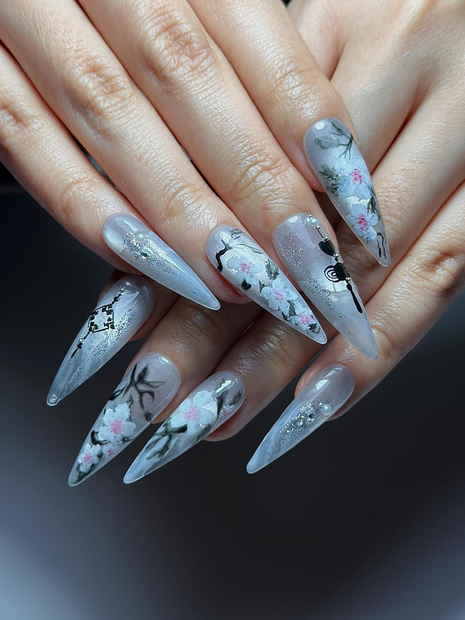 Grey Ombre Floral Press On Nails | Hand Painted Sakura Nail Art | Elegant Stiletto Nails | Japanese Inspired Press Ons | HB1299HC