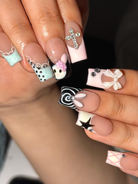Easter Bunny Cross Press On Nails | Cute 3D Rabbit French Tips | Pastel Spring Kawaii Nails | Pink Black Set | Handmade Press Ons | DC1033HC